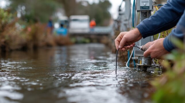 Medium shot focused on a citizen scientist attaching a sensor cable to a river monitoring station riverbanks and flowing water subtly blurred for depth.