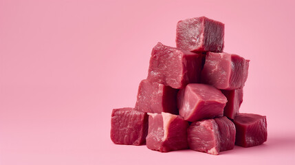 Pilha de cubos de carne bovina crua em fundo rosa
