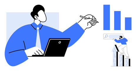 Business professional using a laptop and pen, monitoring growth charts and market trends. Ideal for business analytics, market research, strategy planning, productivity, leadership, finance, growth