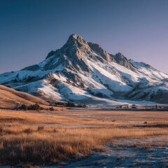 Fototapeta premium Snowy mountain peak above a golden field