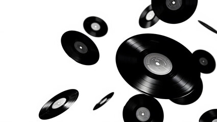 Vinyl records floating in the air isolated on white background, creating a dynamic and nostalgic scene