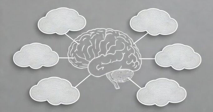 Starting line drawn brain extending branches across gray background toward forming six cloud shapes