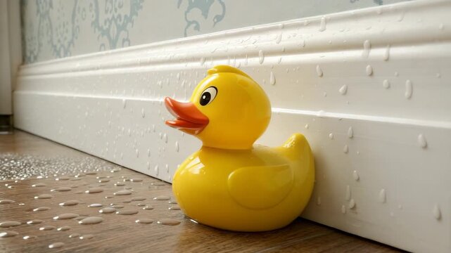 ellow Rubber Duck Against White Baseboard, Water Protection Concept