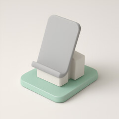 A 3D design of a sleek minimalist modular phone stand, perfect as a desk accessory for modern workspaces. The stand is made of three modular components: a pastel mint green base, an off-white support 