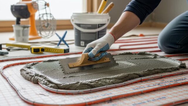 DIY home improvement scene applying thinset over electric radiant floor heating mat highlighting userfriendly installation steps.