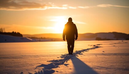 Silhouette of person walking in snow at sunset