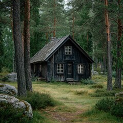 Dark wooden cabin nestled in a lush forest