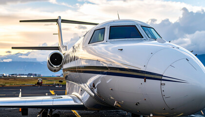 Obraz premium Sleek private jet ready for takeoff, showcasing luxury travel and exclusive aviation experiences against a scenic backdrop
