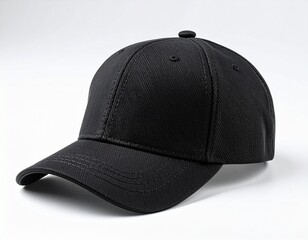 A plain black baseball cap with a curved brim, made of fabric, shown on a white background, ready for customization or everyday wear.