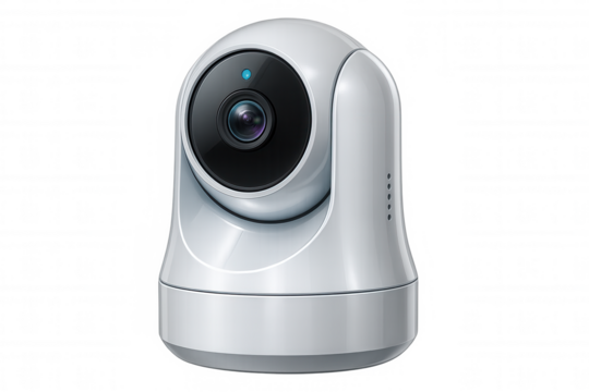 Ip camera featuring modern security technology, displaying minimalist white design on clean transparent surface