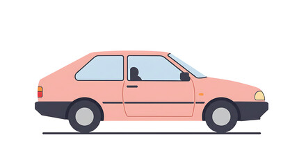 Fototapeta premium A pastel pink hatchback car from the 1980s or 1990s with tinted windows parked on a grey road against a white background 