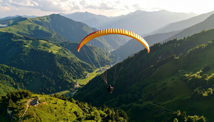 Paragliding Adventure Soaring Through Majestic Mountain Valley
