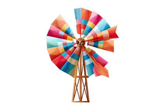 Colorful Windmill with Patchwork Blades isolated on white transparent background