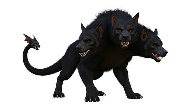 A menacing three headed dog with a dragon tail standing on a plain white background looking aggressive