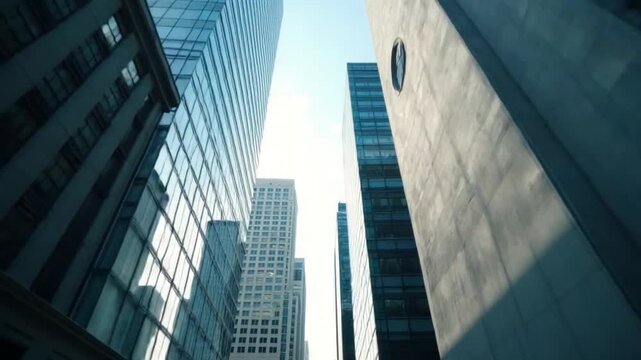 Contemporary urban cityscape view. Stock footage. Cinematic glass concrete office buildings in the center of the city.