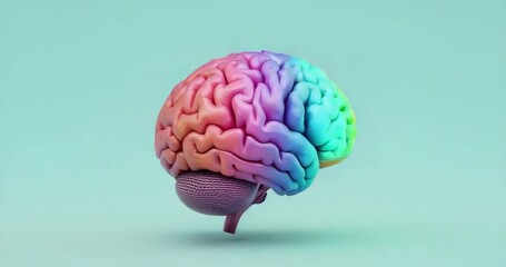 Appearing rainbow 3D brain model rotating in minimal virtual studio, showcasing gradient hues - Powered by Adobe