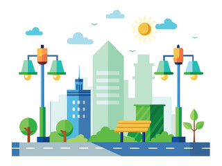 Sustainable cityscape with renewable energy streetlights and green spaces for a brighter future