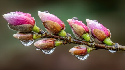 Close-up of delicate pink magnolia buds, wet with dew drops, clinging to a slender branch