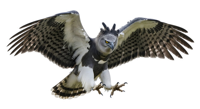 A harpy eagle with its wings spread wide and talons extended against a white background in flight