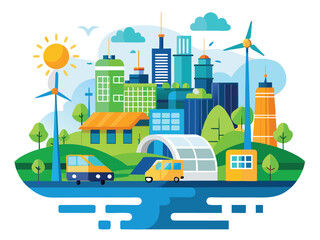 Modern smart eco city scene powered by renewable energy sources like solar and wind turbines