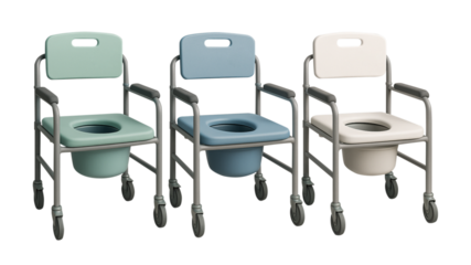 Rehabilitation commode chair with wheels, multipurpose bedside toilet chair for healthcare and disability support, isolated on white background