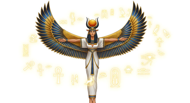 Egyptian goddess isis with outstretched wings and sun disk on her head on a white background
