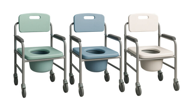 Rehabilitation commode chair with wheels, multipurpose bedside toilet chair for healthcare and disability support, isolated on white background
