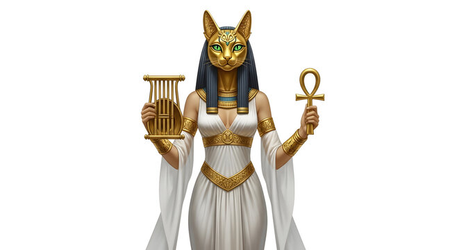 Illustration of bastet an egyptian goddess with a cat head holding a lyre and an ankh symbol