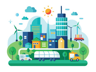 Green cityscape with wind turbines and solar panels promoting sustainable eco-friendly living