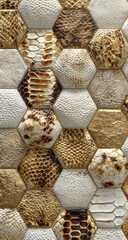 Hexagonal tiles, each with a different reptile skin texture