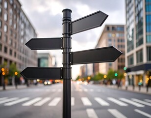A black signpost with four blank directional arrows stands on a city street with buildings and crosswalks in the background.