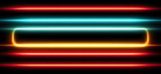 Abstract neon light lines in horizontal bands of red, orange/yellow, teal/cyan, and white on a black background. A glowing rectangular shape is formed by the lines