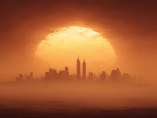 Obraz premium Dystopian Urban Sunset with Massive Sun