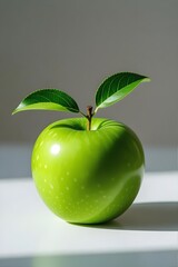 A single vibrant green apple with two fresh leaves, casting a shadow on a clean white surface under bright light