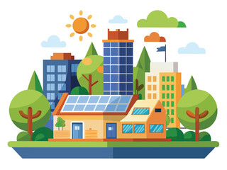 Sustainable urban eco house scene with solar panels green trees and modern buildings