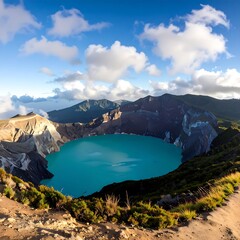 Fototapeta premium Stunning turquoise crater lake nestled within a dramatic volcanic landscape under a vibrant blue sky.