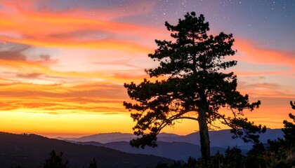 Silhouetted pine tree against vibrant sunset over mountains