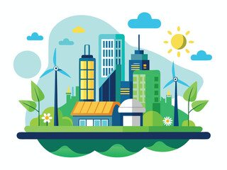 Vibrant eco-friendly cityscape with green buildings and wind turbines showcasing sustainable urban development