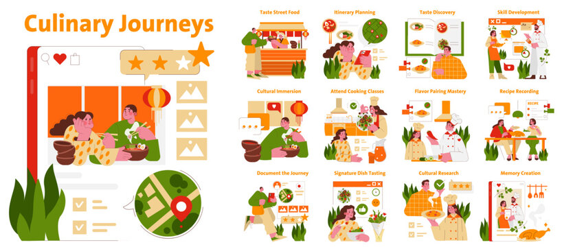 Culinary Journeys Vector Illustration with Happy Chefs