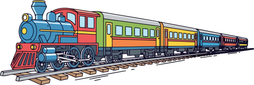 colorful vintage train journey retro locomotive and passenger cars