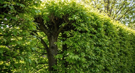 Lush green hedge with trimmed topiary