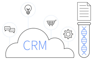 CRM cloud with test tube DNA, document, lightbulb, chat bubbles, shopping cart, gear. Ideal for technology, business, innovation customer management data analysis cloud solutions simple flat