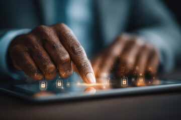 Close up of hands typing on a tablet, illuminated by digital icons and holographic symbols, capturing focus, precision, and dynamic data interaction.