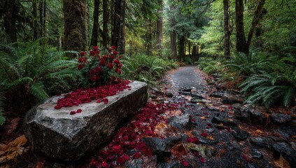 A somber path through a lush forest.  Red rose petals adorn a large gray stone, which sits in a pathway, leading into a damp, verdant woodland