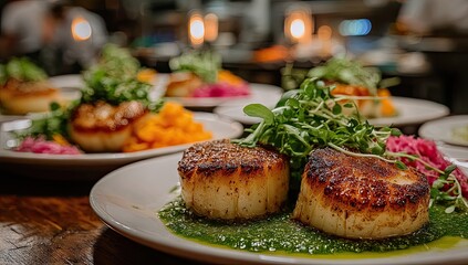 Plate of seared scallops, sides of pur?e and slaw