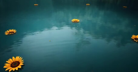 Drifting yellow sunflower blossoms responding to currents across pond, making gentle ripples - Powered by Adobe