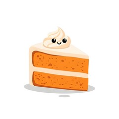 An adorable slice of cake personified as a cute cartoon character with a happy smiling face and creamy frosting, vector illustration isolated on a white background