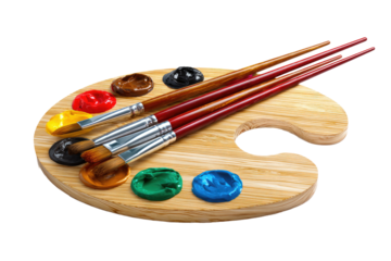 Wooden artist's palette with colorful paints and paintbrushes