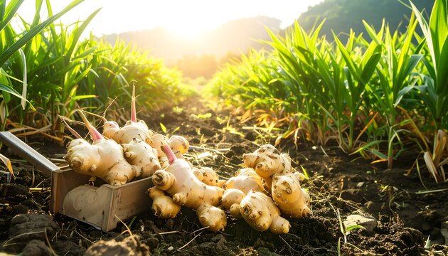 Freshly harvested ginger roots in a wooden crate sit amongst vibrant green ginger plants in a sunlit field.