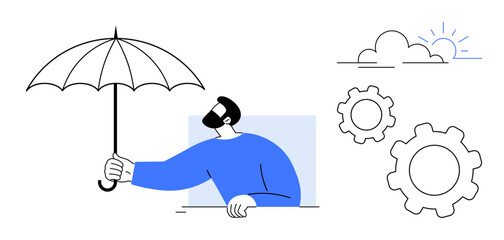Person holding an umbrella, clouds, sun, and gears visualizing protection, innovation, strategy, and problem-solving. Ideal for security, planning teamwork creativity risk management innovation
